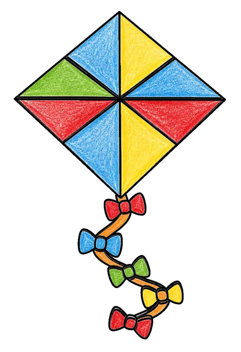 Completed crayon-colored example of the Kite with a long tail coloring page