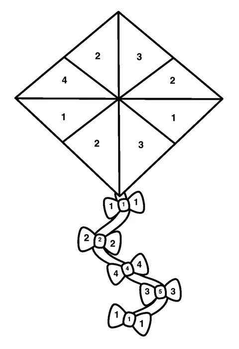 Kite with a long tail coloring page with numbered areas and a color key for color by number