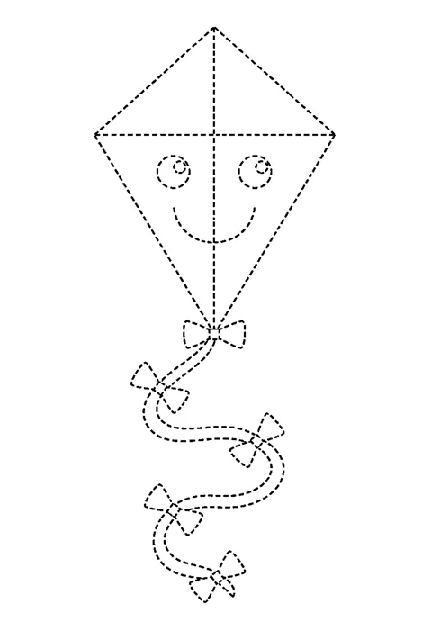 Tracing outline of a diamond kite with cross-spars and a long tail of bows, drawn in dashed lines.