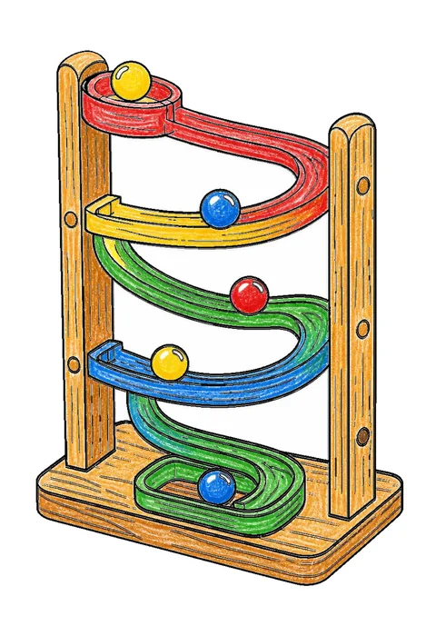 Completed crayon-colored example of the Marble run coloring page