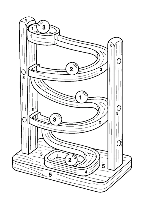 Marble run coloring page with numbered areas and a color key for color by number