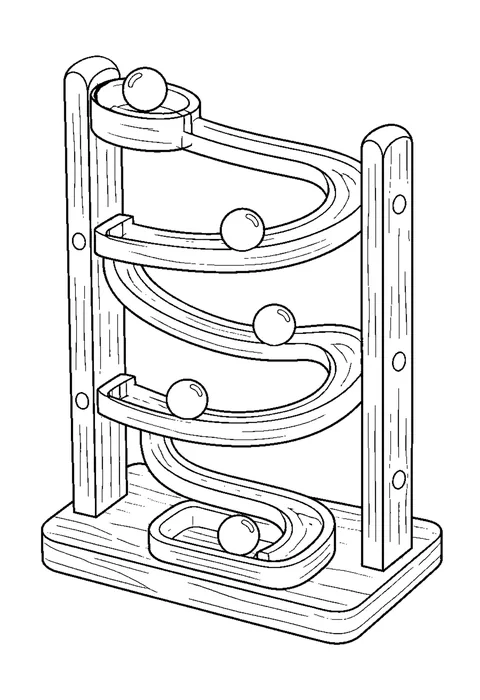 Detailed outline drawing of a tall marble run with ramps, funnels and a spiral, three marbles on the way down.