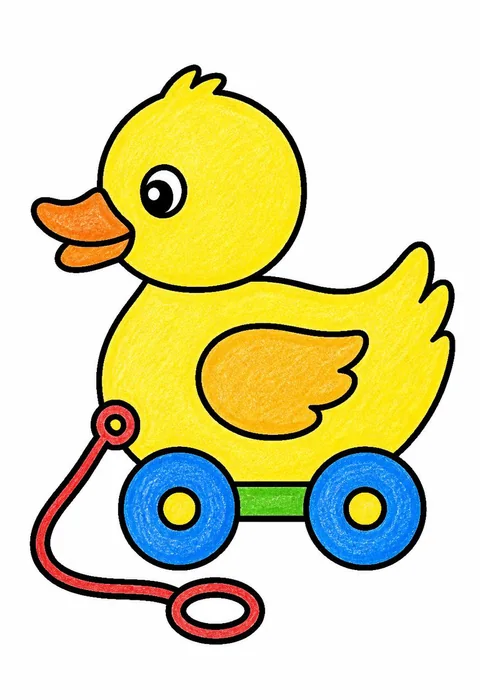 Completed crayon-colored example of the Pull-along duck coloring page