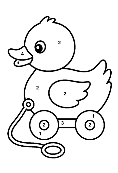 Pull-along duck coloring page with numbered areas and a color key for color by number
