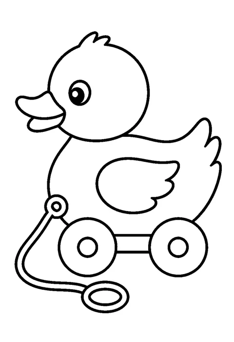 Line drawing of a wooden pull-along duck on four wheels with a string curling away from it.