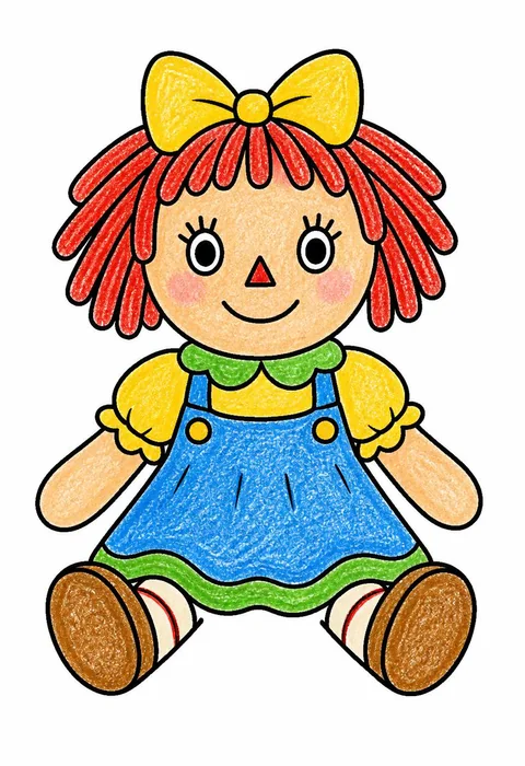 Completed crayon-colored example of the Rag doll coloring page