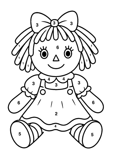 Rag doll coloring page with numbered areas and a color key for color by number