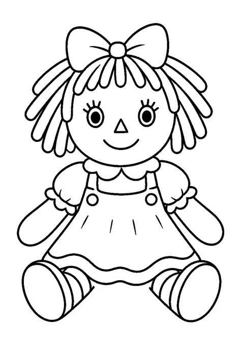 Line drawing of a cloth rag doll with yarn braids, a pinafore dress and stitched button eyes.