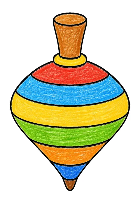 Completed crayon-colored example of the Spinning top coloring page