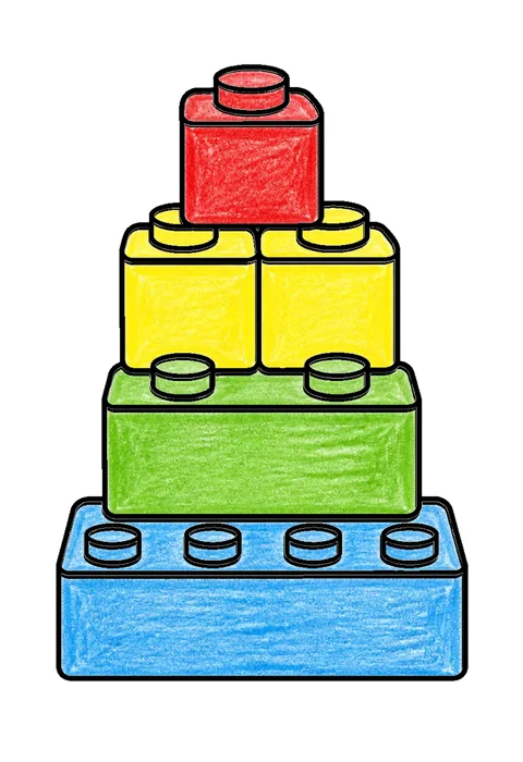 Completed crayon-colored example of the Stack of building blocks coloring page