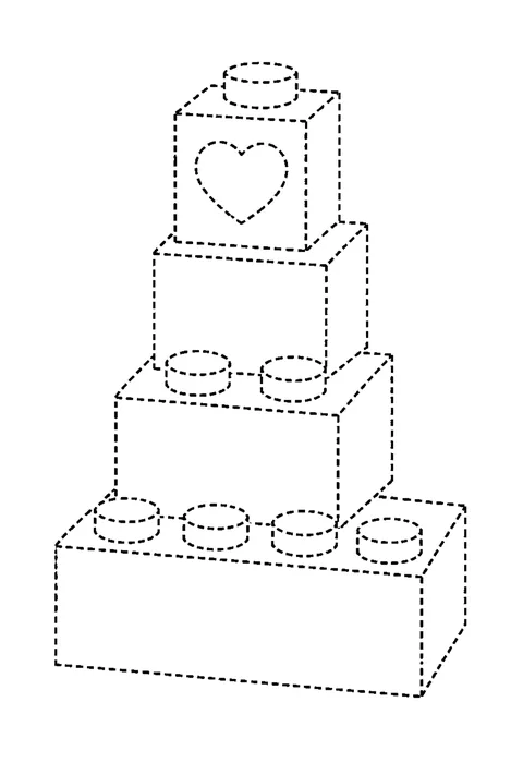 Tracing outline of six lettered building blocks stacked into a tower, all edges drawn in dashed lines.