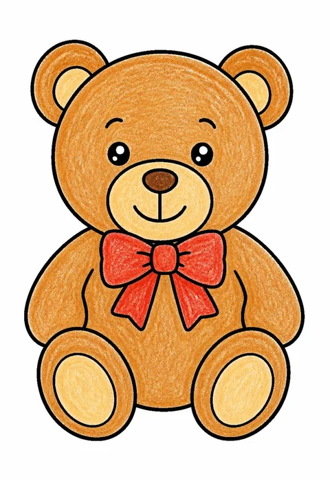 Completed crayon-colored example of the Teddy bear with a bow coloring page