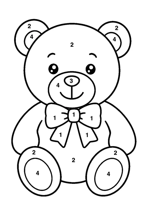 Teddy bear with a bow coloring page with numbered areas and a color key for color by number