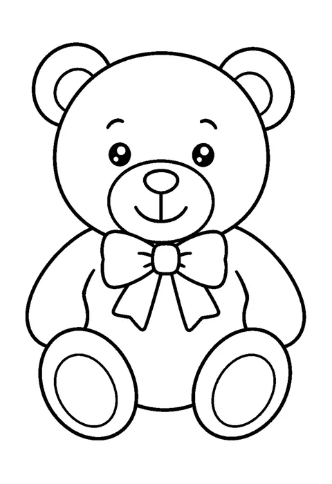 Line drawing of a teddy bear sitting with its legs out in front and a ribbon bow at its neck.