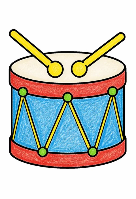 Completed crayon-colored example of the Toy drum coloring page