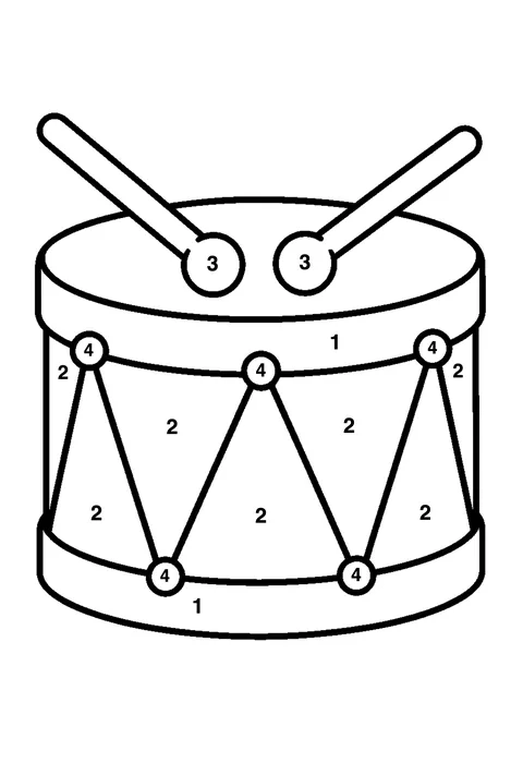 Toy drum coloring page with numbered areas and a color key for color by number