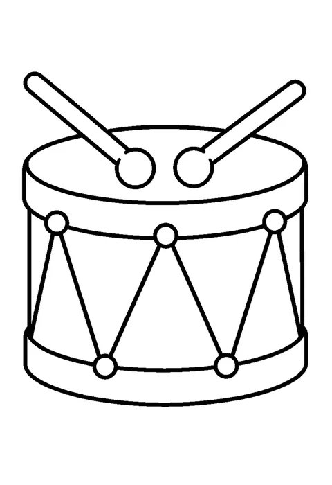 Line drawing of a toy drum with a zigzag cord around the shell and two drumsticks crossed in front.