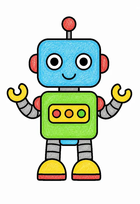 Completed crayon-colored example of the Toy robot coloring page