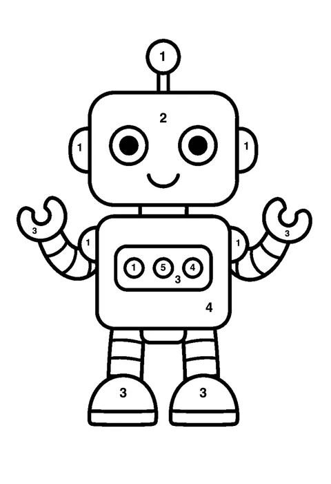 Toy robot coloring page with numbered areas and a color key for color by number