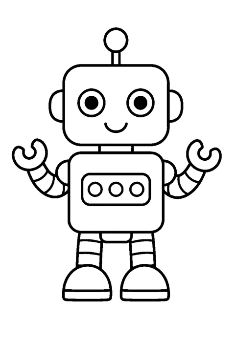 Line drawing of a boxy tin robot with an antenna, a chest dial and hinged square arms.
