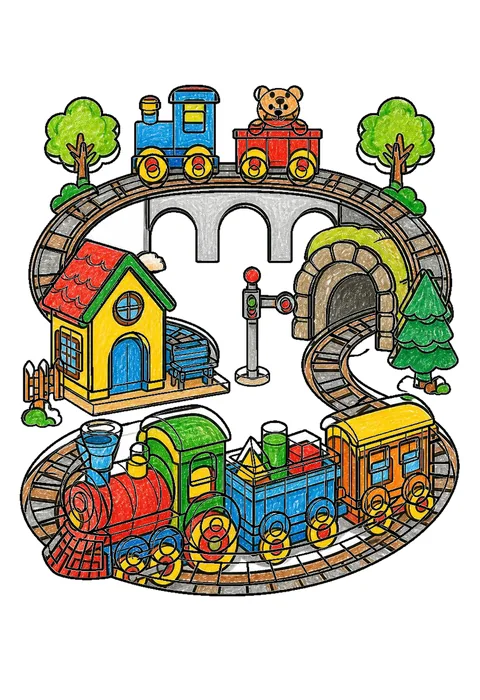 Completed crayon-colored example of the Toy train set coloring page