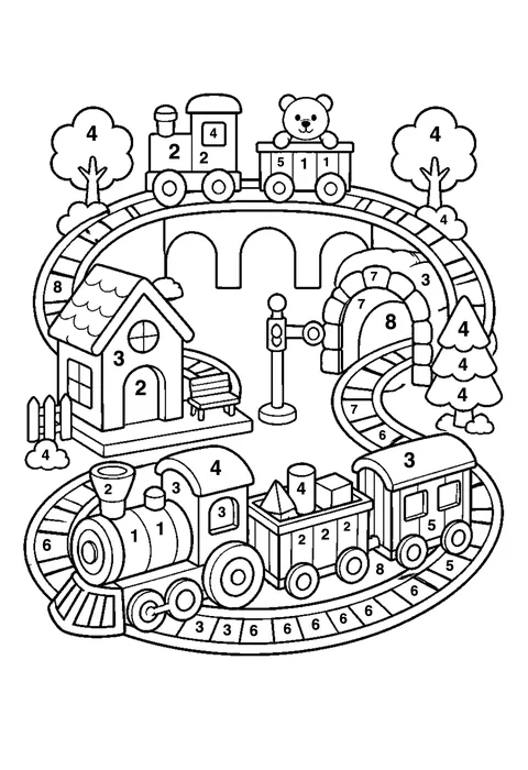 Toy train set coloring page with numbered areas and a color key for color by number