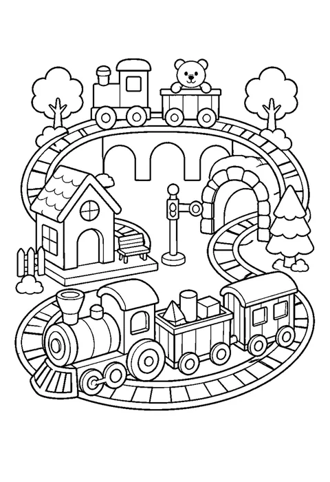 Detailed outline drawing of a wooden toy engine and two wagons on curved track with ties drawn in.
