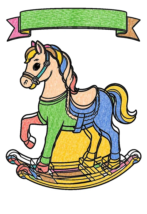 Completed crayon-colored example of the Wooden rocking horse coloring page