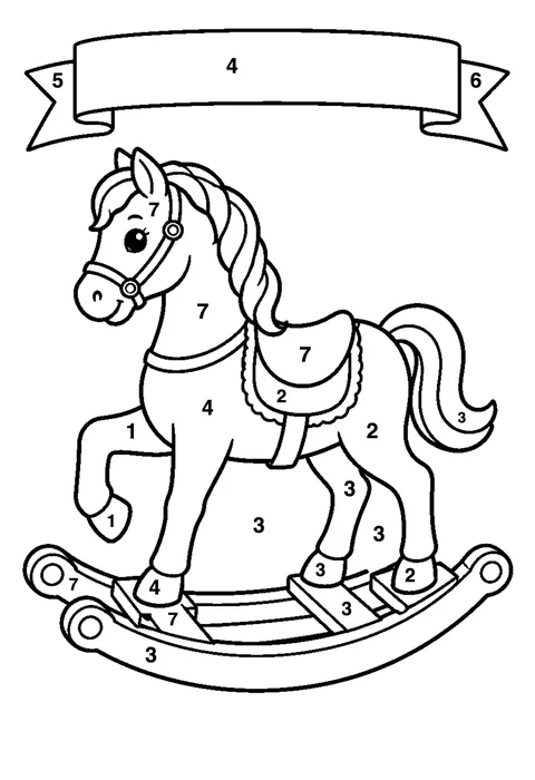 Wooden rocking horse coloring page with numbered areas and a color key for color by number