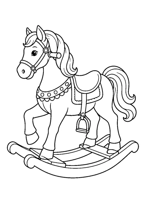 Detailed outline drawing of a wooden rocking horse on curved runners with a painted saddle and grained wood.