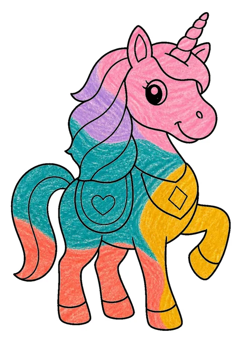 Completed crayon-colored example of the Dancing unicorn coloring page