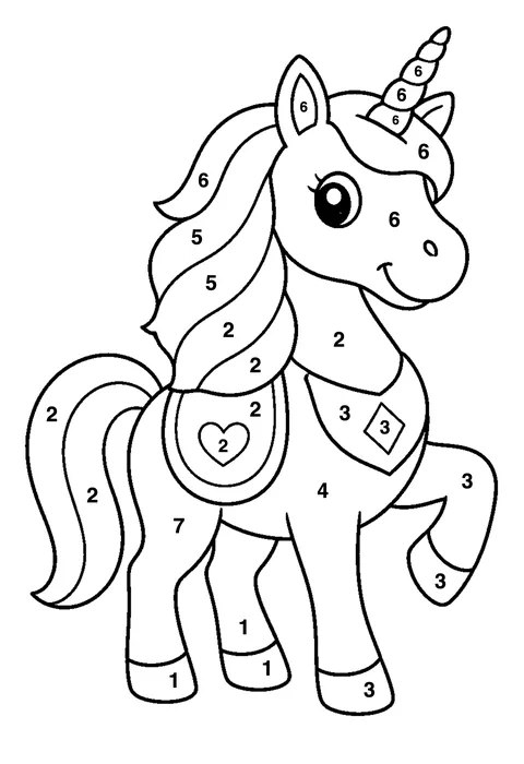 Dancing unicorn coloring page with numbered areas and a color key for color by number