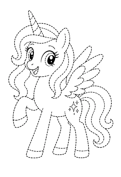 Tracing outline of a unicorn rearing up on its hind legs, drawn in dashed guide lines.
