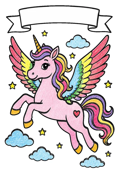 Completed crayon-colored example of the Flying unicorn with wings coloring page