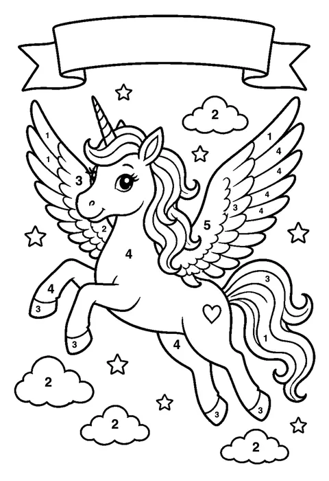 Flying unicorn with wings coloring page with numbered areas and a color key for color by number