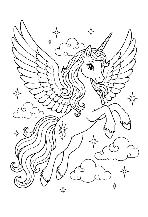 Detailed outline drawing of a winged unicorn flying with feathers drawn in overlapping rows and clouds behind.