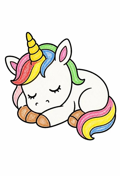 Completed crayon-colored example of the Sleeping baby unicorn coloring page