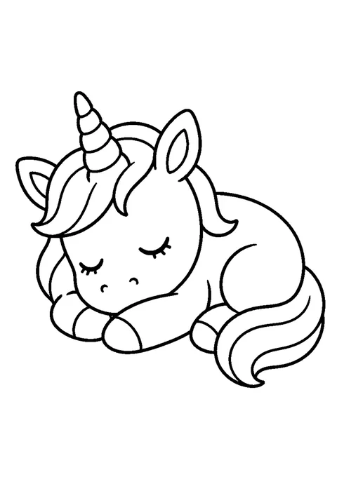 Line drawing of a baby unicorn curled up asleep with folded legs, closed eyes and a short horn.
