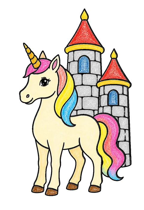 Completed crayon-colored example of the Unicorn and a castle coloring page