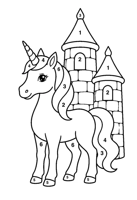Unicorn and a castle coloring page with numbered areas and a color key for color by number