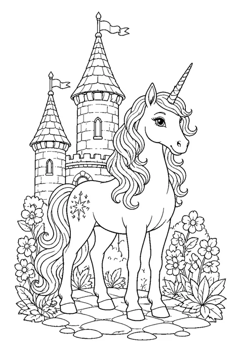 Detailed outline drawing of a unicorn on a hill in front of a castle with four towers and flying pennants.