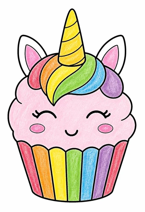 Completed crayon-colored example of the Unicorn cupcake coloring page