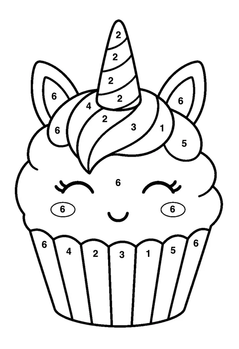 Unicorn cupcake coloring page with numbered areas and a color key for color by number