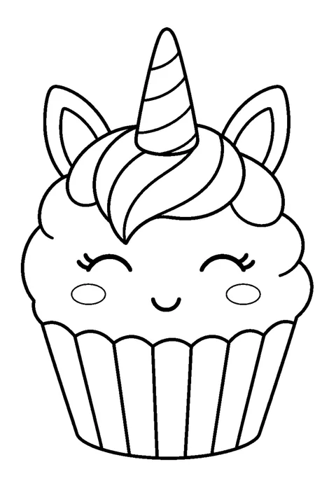 Line drawing of a cupcake decorated as a unicorn with a frosting swirl mane, a horn and closed eyes.