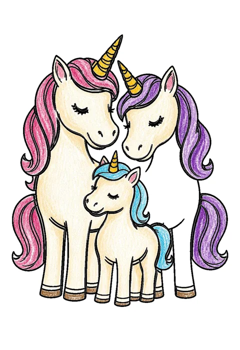 Completed crayon-colored example of the Unicorn family coloring page