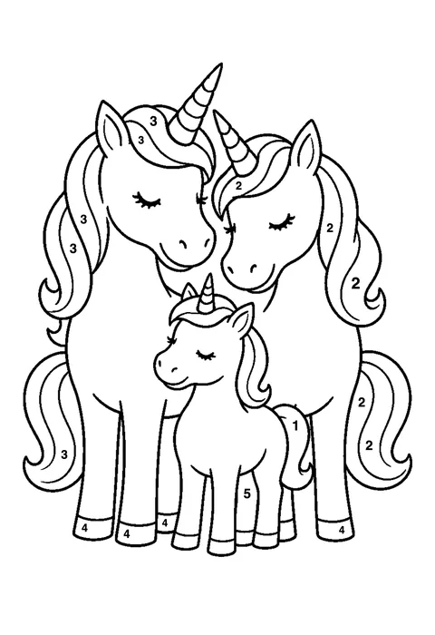 Unicorn family coloring page with numbered areas and a color key for color by number