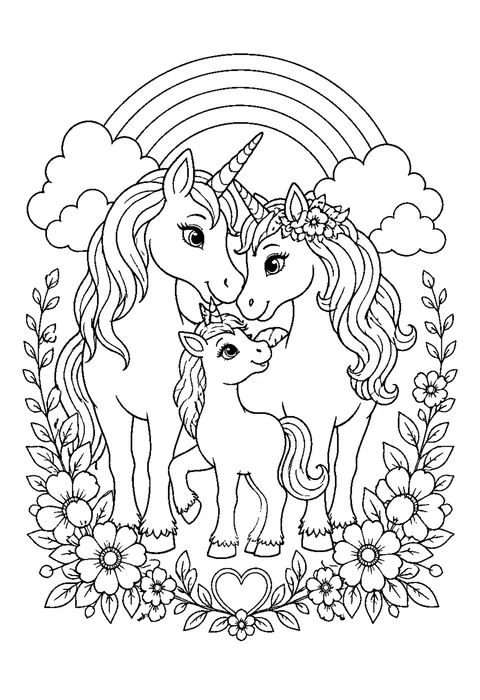Detailed outline drawing of two adult unicorns standing with a foal between them, their manes overlapping.