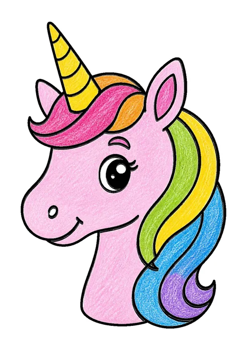 Completed crayon-colored example of the Unicorn head portrait coloring page