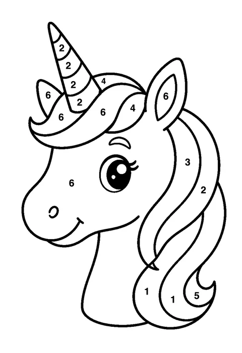 Unicorn head portrait coloring page with numbered areas and a color key for color by number