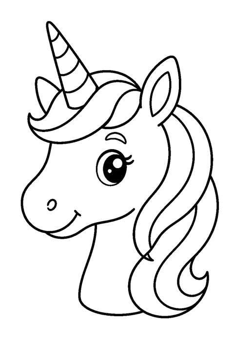 Line drawing of a forward-facing unicorn head with a spiral horn, large eyes and a mane framing the face.